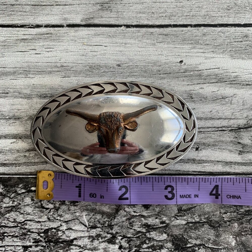 Vintage Texas Longhorn Western Belt Buckle Oval Silver Gold Tone - Picture 5 of 5